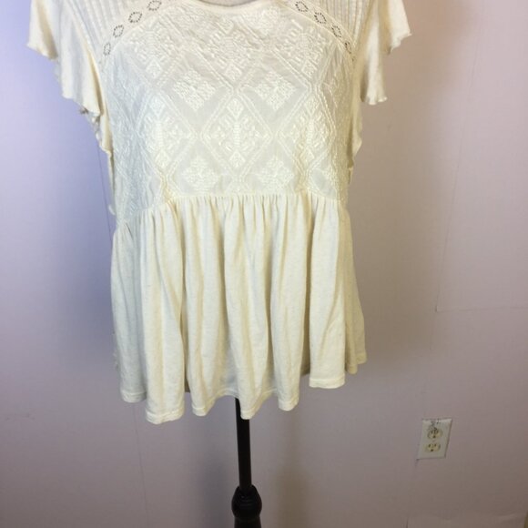 Lucky Brand Blouse Top Sz L Womans Ivory Cream Linen Knit Embroidered Lace Boho - Picture 5 of 16